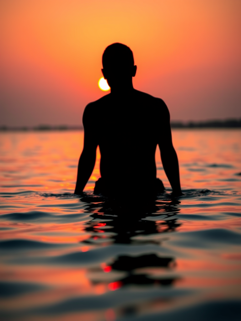 A silhouetted figure in water at sunset, warm orange sun in the background, soft pastel colors, high dynamic range, f/2.8 aperture, ISO 100, 50mm lens, shot from a low angle for a dramatic effect, digital painting style.
