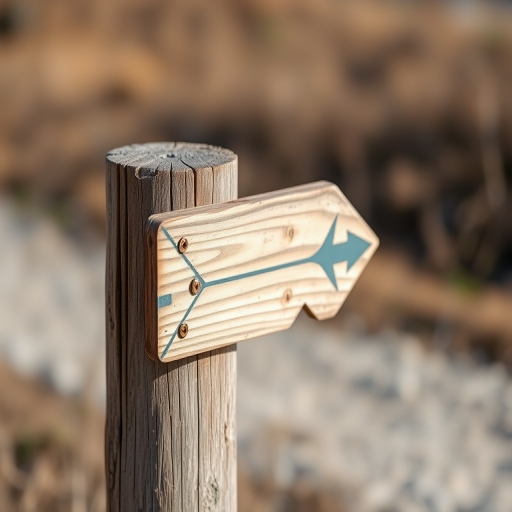 Create an image of a weathered wooden post with a directional arrow sign, shot in a close-up view with a 50mm lens on a DSLR camera, settings at f/2.8, ISO 100, 1/200s, with natural lighting for enhanced texture and depth.