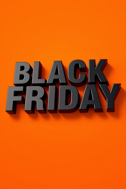 Create a 3D text rendering of "BLACK FRIDAY" with a glossy finish and dramatic shadows against a vibrant orange gradient background, using a DSLR camera with a 50mm lens, f/1.8 aperture, ISO 100, and a low-angle shot for added depth.