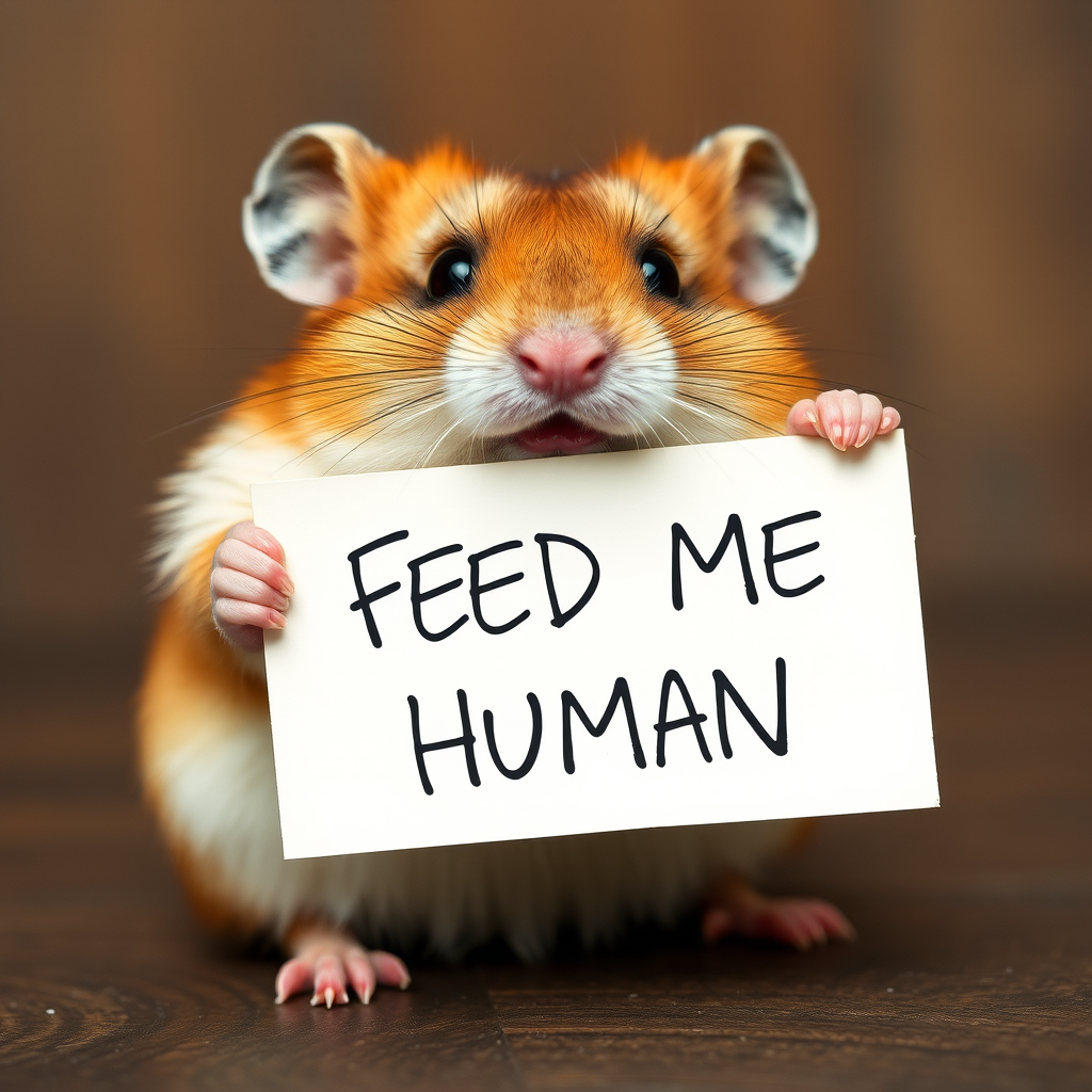 hamster holding a note which says "FEED ME HUMAN"