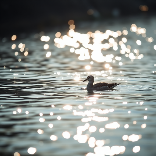 capture a serene image of a solitary bird swimming in shimmering water under soft natural light, with a shallow depth of field, using a DSLR camera with a 50mm lens, aperture set to f/2.8, ISO 200, shutter speed 1/250 sec, focusing on the bird, with a lighting effect accentuating the reflections on the water surface.