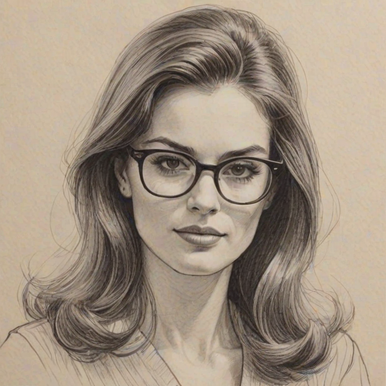 Alluring Sophie Winkleman, pencil sketch, portrait of Resplendent woman 1965s in glasses, hair style beatnik, outline, clear lines, fine lines, 8k