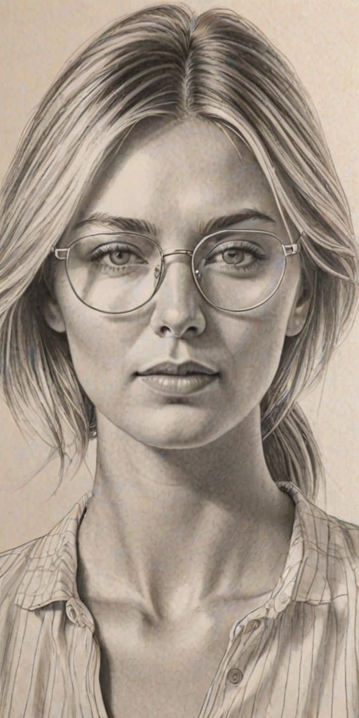 Fascinating Maria Sharapova, pencil sketch, portrait of Attractive woman 1967s in glasses, hair style beatnik, outline, clear lines, fine lines, 8k