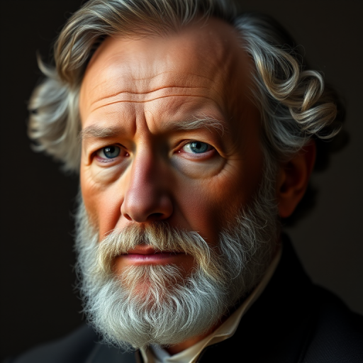Create a high-resolution portrait of a historical figure with a subtle gradient background, focusing on a detailed yet soft face, using a DSLR camera at 50mm, f/1.8 aperture, ISO 200, natural lighting, portrait mode.