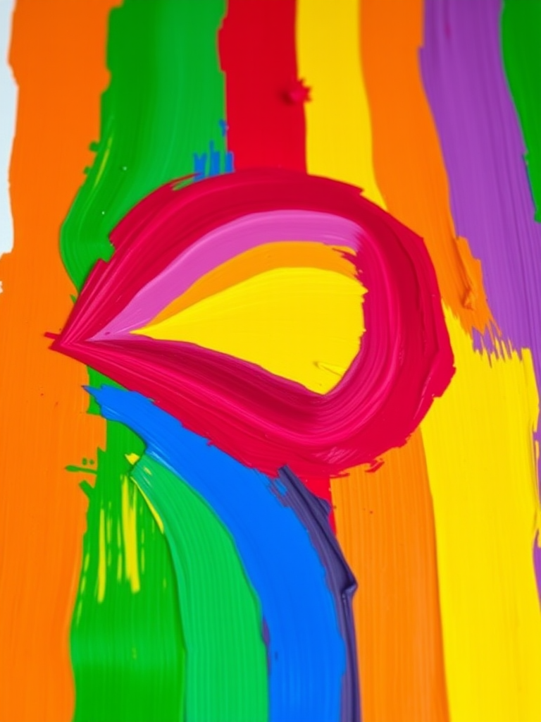 Create a vibrant rainbow flag painted with bold brush strokes, taken with a DSLR camera at f/2.8 aperture, ISO 100, 50mm lens, natural light, shallow depth of field, and a top-down view.