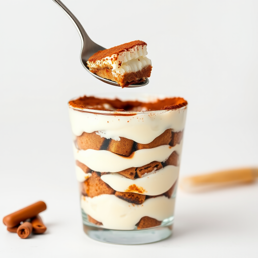 Create an image of a delicious tiramisu dessert in a clear glass. The dessert has layers of creamy mascarpone cheese and coffee-soaked ladyfingers, topped with a dusting of cocoa powder. A spoon is lifting a portion of the dessert, revealing the rich texture and layers inside. The background is minimalistic and light, emphasizing the dessert's appealing appearance.