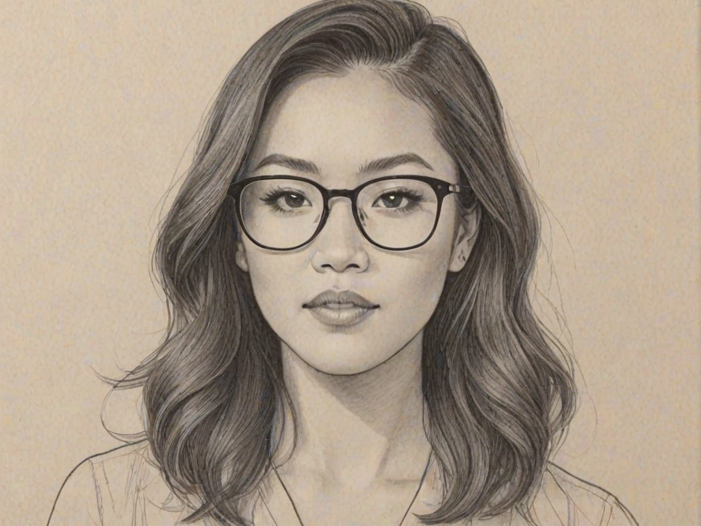 Captivating Ally Maki, pencil sketch, portrait of Graceful woman 1936s in glasses, hair style beatnik, outline, clear lines, fine lines, 8k