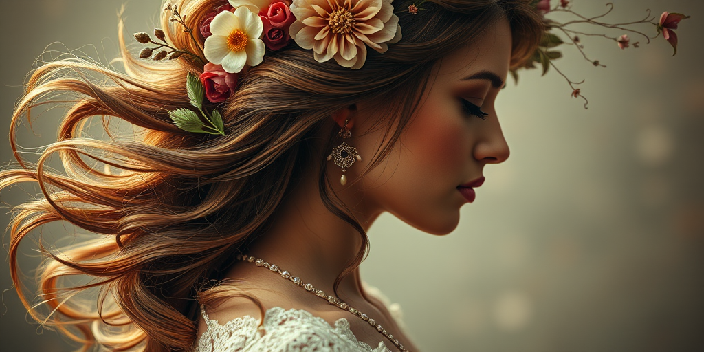 Regenerate an image of an elegant woman in profile with flowing hair adorned with floral and ornamental elements, using a vintage art style, shot with a Canon EOS R5, aperture f/2.8, shutter speed 1/60s, ISO 100, in soft natural lighting, focus on intricate details and warm tones.