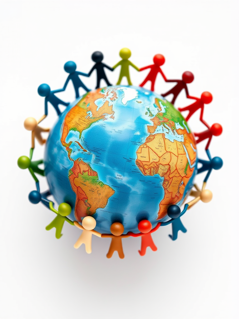 Create an image of a globe with diverse stick figures holding hands around it, using a DSLR camera with a 24mm lens, aperture f/8, ISO 100, centered view, and vibrant colors for enhanced clarity and quality.
