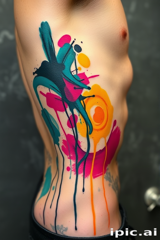 Abstract expressionist tattoo covering the side torso, showcasing chaotic brushstrokes and paint drips in a vibrant palette of teal, magenta, and yellow