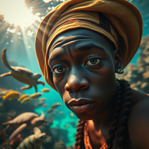 Realistic selfie image of a Zulu, wearing a vintage outfit, detailed dreamy eyes, droopy hooded eyes, staring at the camera, taken underwater at coral reef with a sunbeam filtering through the water, vibrant, summer vacation, natural lighting, turtle and school of tropical fish with vibrant colors, rendered in the style of CryEngine, Pegi Nicol MacLeod, with realistic genre scenes, hauntingly beautiful narratives, ultra-realism, and Thomas Saliot's close-up technique, 8K resolution, crystal clear and sparkling water.