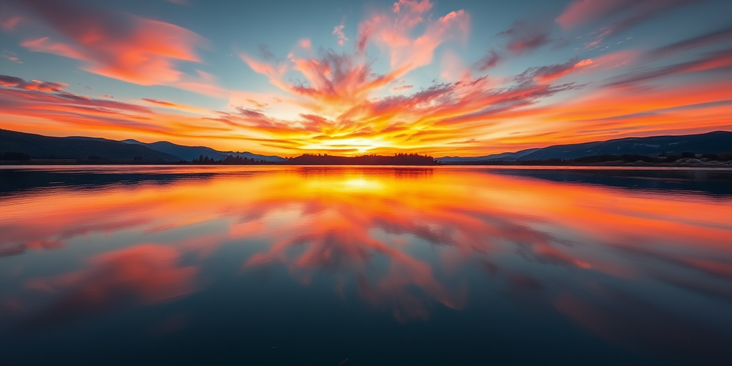 Create a high-resolution image of a serene landscape at sunset, with vibrant colors in the sky reflecting on a still lake, using a DSLR camera, 50mm lens, f/1.8 aperture, ISO 100, 1/250 sec shutter speed, captured from a low angle view for enhanced depth and perspective.