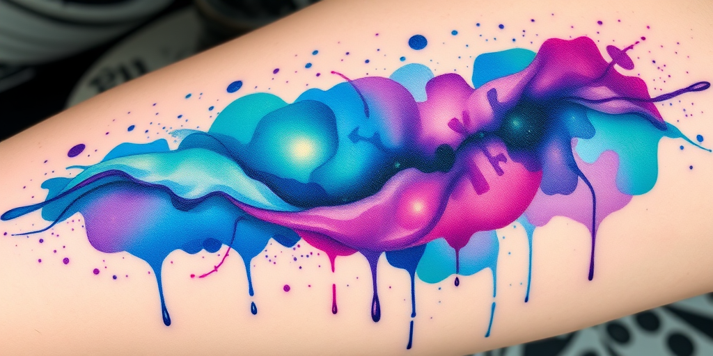 Vibrant watercolor splash tattoo called "Chromatic Cascade" featuring a mesmerizing blend of vivid blues, purples, and greens that seamlessly flow together, creating an abstract and ethereal design reminiscent of a cosmic nebula, with delicate splatters and drips adding texture and depth to the overall composition, perfect for those seeking a unique and artistic expression on their skin.