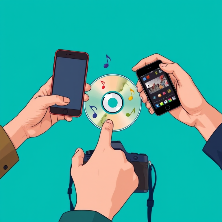 Create an illustration of two hands holding smartphones, one hand pointing at a CD with musical notes and images, set against a teal background, using a DSLR camera with a wide aperture of f/2.8, shutter speed of 1/125s, ISO 200, in landscape orientation, with natural lighting for vivid colors and sharp details.
