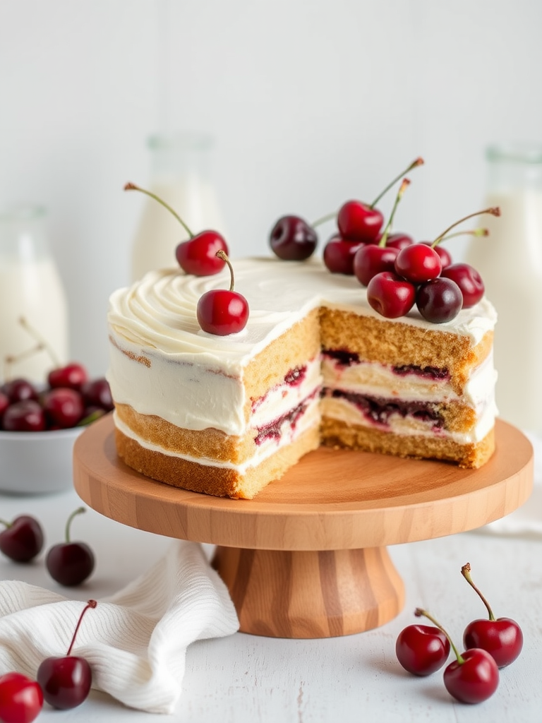 A beautifully layered cake with creamy frosting and cherry filling served on a wooden cake stand garnished with fresh cherries and set against a soft neutral background with milk bottles in the scene.