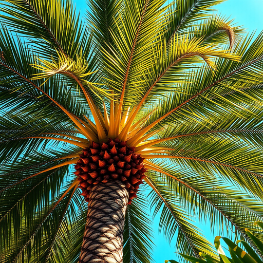 Create a vibrant digital illustration of a tall, lush palm tree with detailed fronds and a textured trunk, shot with a DSLR camera at f/4, ISO 100, in portrait orientation, using a soft focus lens.