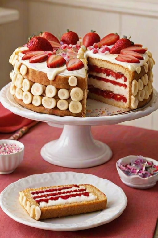 Create a dessert cake decorated with ladyfingers surrounding the sides. The top should have a layer of whipped cream topped with fresh strawberries and small edible flowers. Use a red and white checkered ribbon tied around the cake for decoration.