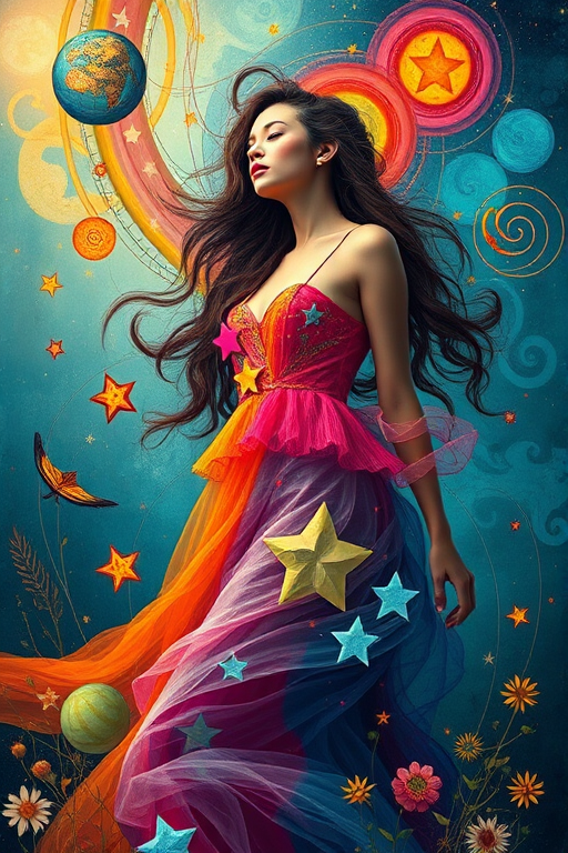 Create a vibrant, surreal image of a woman in a colorful, flowing dress adorned with stars, surrounded by abstract swirls and elements of nature, using a DSLR camera with a 50mm lens, f/1.8 aperture, ISO 100, and a soft-focus background for enhanced depth.