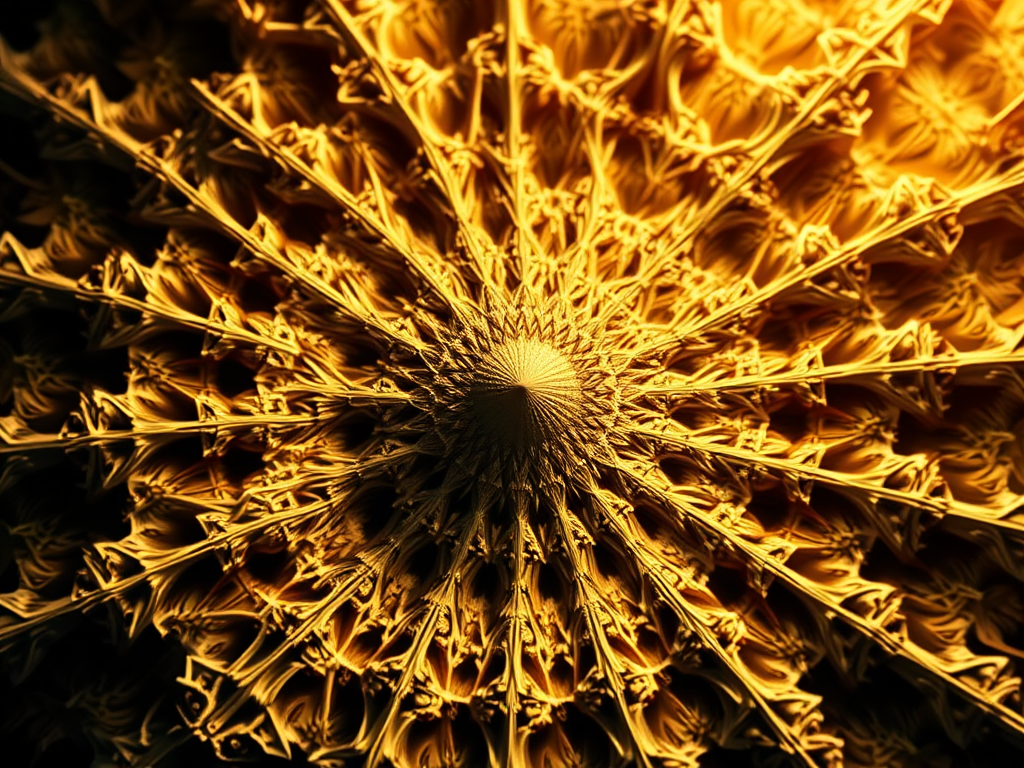 generate a highly detailed fractal structure with intricate geometric patterns and a golden hue under soft lighting, shot with a DSLR camera at f/8, ISO 100, 1/200 sec shutter speed, from a bird's-eye view using a macro lens to capture texture and depth