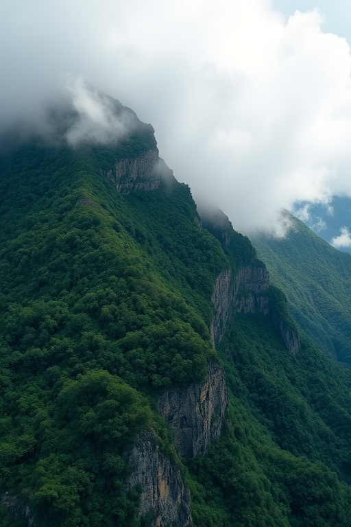 Create a high-resolution landscape image of a mountain ridge with lush green vegetation partially obscured by mist and clouds, shot with a Canon EOS R5 at f/8, ISO 100, 24mm focal length, using a wide-angle lens and natural lighting for enhanced depth and texture.