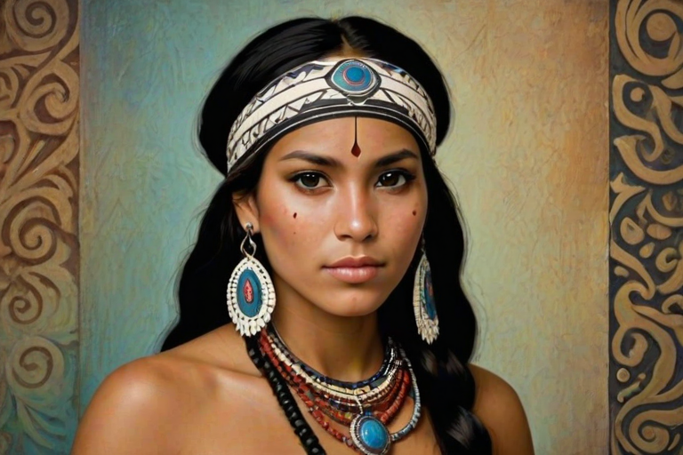 Create a portrait of a beautiful taino woman with striking black eyes and a gentle expression. She is adorned in traditional attire with intricate patterns, including a richly embroidered headscarf and matching garments. Her jewelry includes a delicate headpiece, dangling earrings, and ornate bracelets, all featuring vibrant gemstones and detailed metalwork. The background is soft and warm, enhancing the rich colors of her outfit and jewelry.