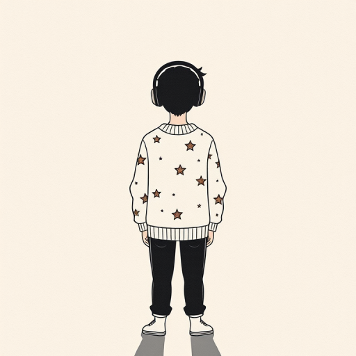 Create a minimalist illustration featuring a person wearing headphones and a star-patterned sweater, standing on a textured paper background, with their shadow forming an abstract figure, using a soft focus lens with an aperture of f/2.8, 50mm focal length, and natural lighting for a delicate texture.