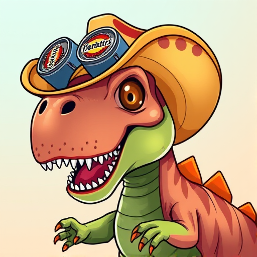 Create an illustration of a playful dinosaur wearing a cowboy hat with two beer cans attached, vibrant colors, high contrast, camera type: DSLR, camera settings: f/4.0 aperture, 1/200s shutter speed, ISO 100, view: close-up, style: cartoonish, enhance image quality with vibrant saturation and sharp details.