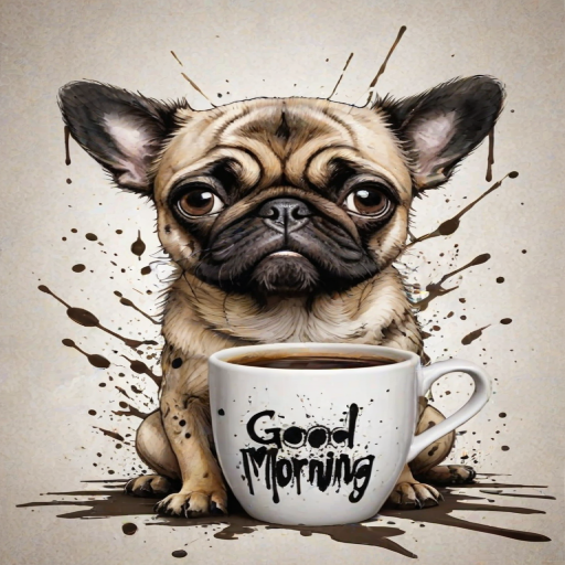A quirky, artistic illustration of a disheveled puggat dog breed with exaggerated, large eyes and spiky fur, holding a coffee mug that reads "Good Morning". The dog has a tired but humorous expression, with ink splatters and abstract details surrounding it, giving a whimsical feel to the image. The color palette is mostly monochrome with hints of black in the eyes and steam rising from the mug, enhancing the overall sleepy vibe