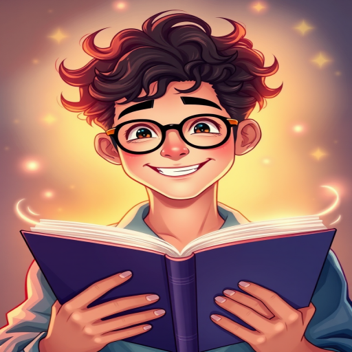 Create a vibrant illustration of a smiling young man with curly hair and glasses, holding an open book with a glowing aura around him, inspired by whimsical and magical themes, using a Canon EOS R5 with an 85mm lens, aperture f/1.8, ISO 100, and a soft focus background for depth.