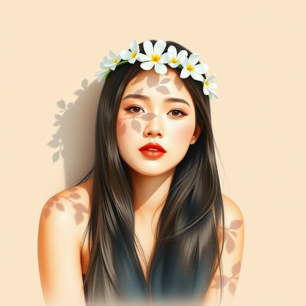 create a watercolor painting of an ethereal portrait of beautiful Malay woman with a simple white flower crown on her head. Her hair is long and she is lying on the ground. The sunlight on the trees casts shadows from the leaves on her face and body. The background is a neutral brown color that matches her skin tone. The image is minimalist and solid colors. This style is characterized by soft, delicate brushstrokes and a light, airy, contrasting color palette. High level of detail and play of light