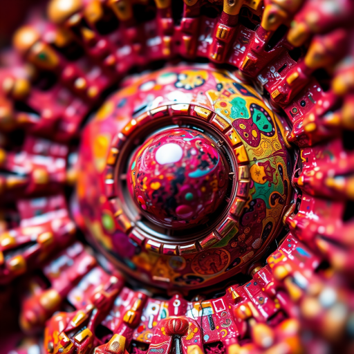 Create a stunning abstract art piece with vibrant colors and intricate patterns, captured using a DSLR camera at a focal length of 50mm, aperture set to f/1.8, ISO 100, in a macro view to enhance detail and texture.