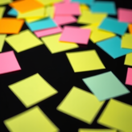 colorful sticky notes scattered on a black background, depth of field effect, ISO 100, aperture f/2.8, 50mm lens, DSLR camera, high-resolution image