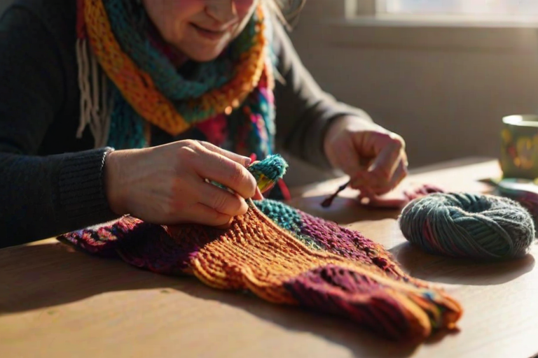 Close-up of a woman’s hands skillfully knitting a colorful scarf, surrounded by vibrant skeins of yarn, with sunlight streaming through a nearby window, casting playful shadows on the table.