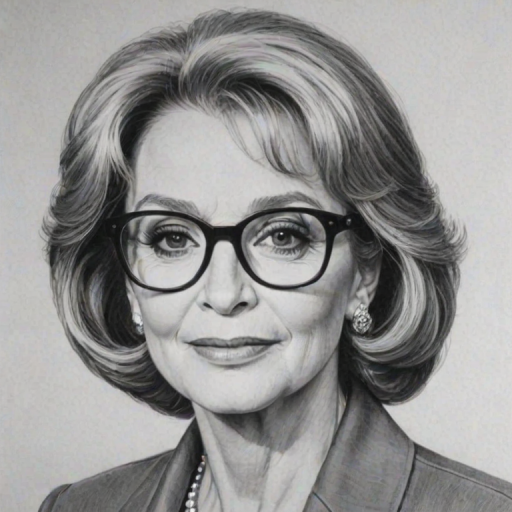 Radiant Barbara Walters, pencil sketch, portrait of Stunning woman 1979s in glasses, hair style beatnik, outline, clear lines, fine lines, 8k
