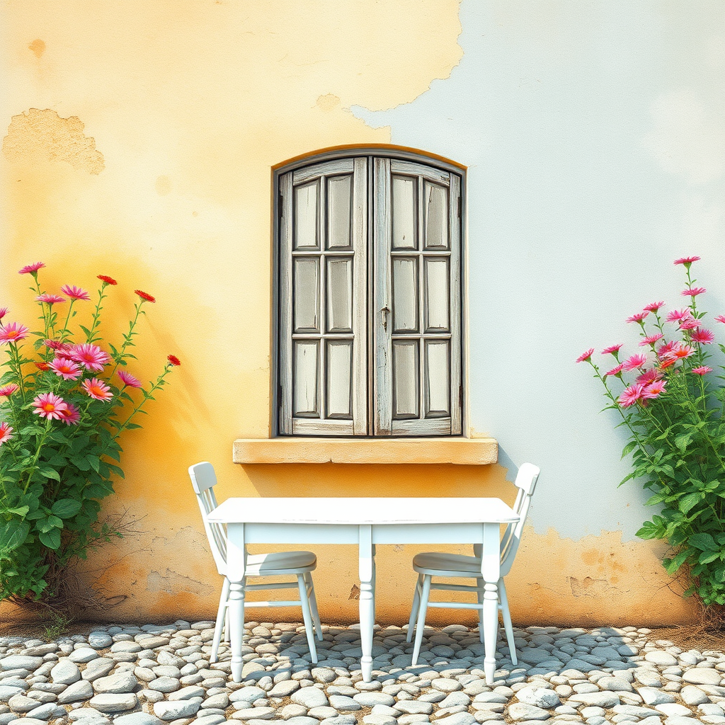 Create an amazing realistic watercolor image, The background is a crumbling wall beige and pale blue with the old wooden window. front of the wall has an old white table with two chairs. The soil is stones. Both of side of the image amazing flowers visible.