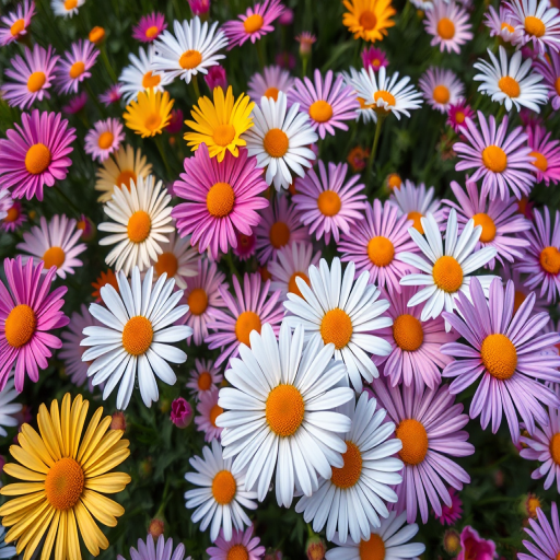 vibrant field of daisies with mixed colors and high contrast, macro lens, f/2.8 aperture, 50mm focal length, ISO 100, natural daylight, shot from an overhead angle, digital camera, enhance detail and saturation