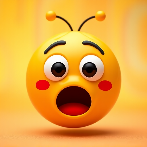 Create a vibrant, 3D cartoon emoji character with large, expressive eyes, a surprised mouth, and small antennae on top, centered in the frame against a brightly colored background, using a DSLR camera with a 50mm lens, aperture set to f/1.8 for a shallow depth of field, ISO 100, and soft natural lighting to enhance details and textures.