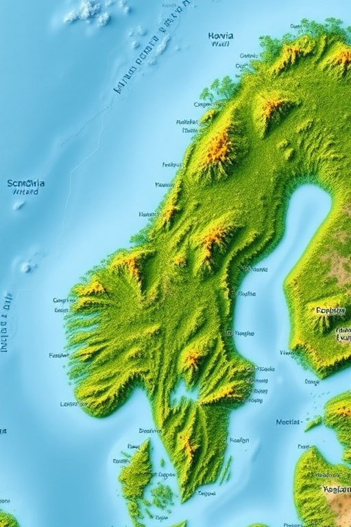 Generate a detailed map of Scandinavia with Iceland, showcasing lush green landscapes, using a DSLR camera with a 35mm lens, aperture set to f/8, ISO 100, shot from a high aerial perspective to enhance clarity and color vibrancy.