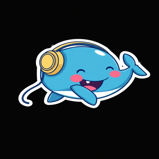 design sticker, Happy Colorful Blue whale wearing Headphones, kawaii, contour, vector, black background