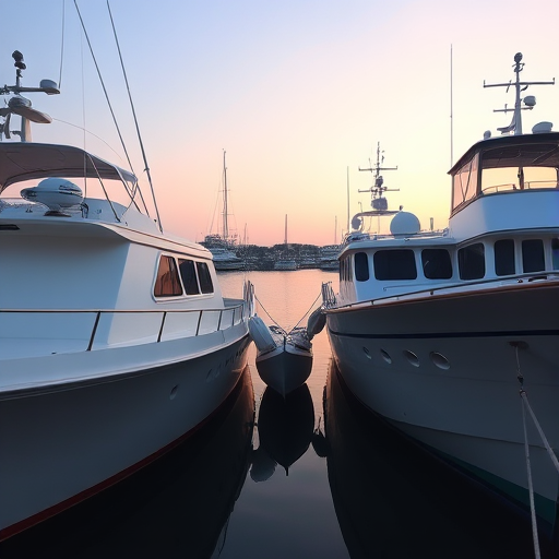 Capture a serene harbor scene at sunset featuring two boats docked side by side, with calm water reflecting the pastel sky, using a DSLR camera, aperture f/8, ISO 100, shutter speed 1/125s, in a wide-angle shot for depth and clarity.