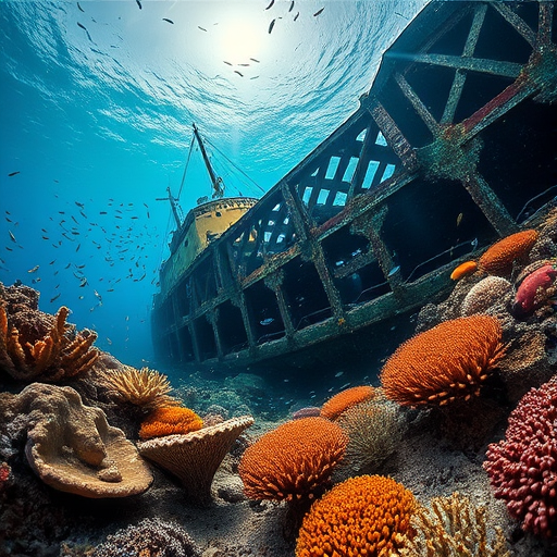 Create a highly detailed underwater scene featuring a sunken ship surrounded by vibrant coral reefs and schools of fish, captured with a Canon EOS R5, 24mm lens, f/8 aperture, ISO 200, in a wide-angle view to enhance depth and clarity.