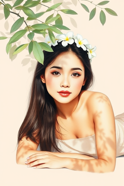 create a watercolor painting of an ethereal portrait of beautiful Malay woman with a simple white flower crown on her head. Her hair is long and she is lying on the ground. The sunlight on the trees casts shadows from the leaves on her face and body. The background is a neutral brown color that matches her skin tone. The image is minimalist and solid colors. This style is characterized by soft, delicate brushstrokes and a light, airy, contrasting color palette. High level of detail and play of light