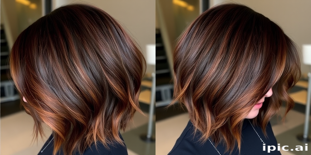 Luscious chocolate brown locks styled in a sleek asymmetrical lob, accented with caramel babylights, exuding warmth and sophistication, titled "Mocha Whisper"