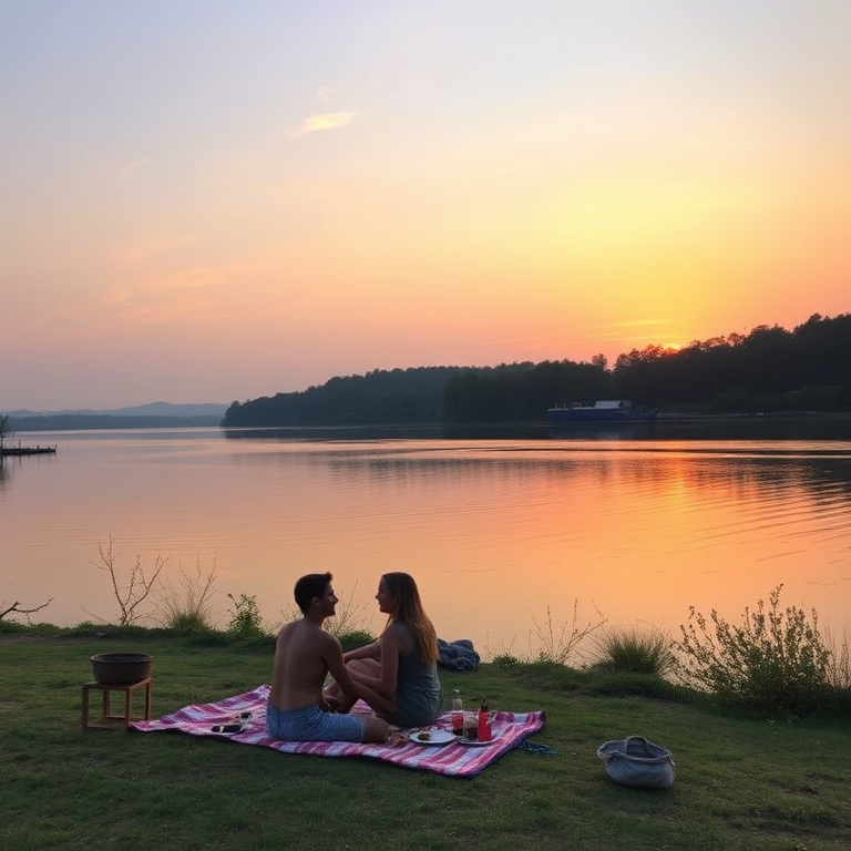 Scenic riverbank at sunset, a couple sitting on a blanket, sharing a picnic, with the sky painted in shades of orange and purple, reflecting on the water.