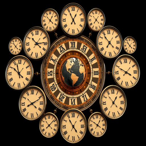 Create a highly detailed digital artwork featuring multiple clock faces with a globe design in the center, arranged in a symmetrical pattern, with a black background, captured using a DSLR camera, focal length 50mm, aperture f/2.8, ISO 100, in high dynamic range style.