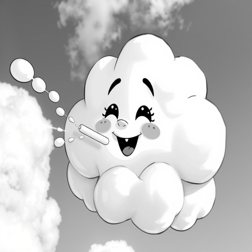 Create a whimsical illustration of a cartoon cloud character blowing air with a joyful expression, high contrast monochrome style, 50mm lens, f/4 aperture, ISO 100, soft natural lighting, eye-level view, digital illustration style.
