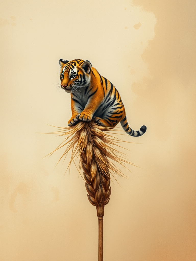 Soft, muted Alcohol Ink with ebru effect background image of tiny whimsical tiger, who climbed high on the top of a golden rye ear.