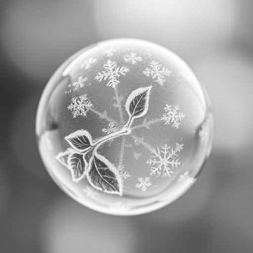 macro shot of a frozen soap bubble with snowflake patterns and leaves inside, shallow depth of field, 50mm lens, f/2.8, ISO 100, natural light, monochrome style, DSLR camera