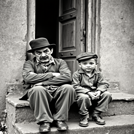 A black-and-white photograph of a man and a child sitting on steps in front of a doorway. The man is dressed as a tramp with a bowler hat, mustache, and ragged clothes, reminiscent of Charlie Chaplin's iconic look. He is sitting with his arms crossed and an expression of slight sadness or frustration. Next to him is a young boy, also in worn clothes and a cap, sitting with his hands clasped, looking thoughtful. The background is an old, textured wall and a partially open door, creating a vintage, early 20th-century atmosphere.
