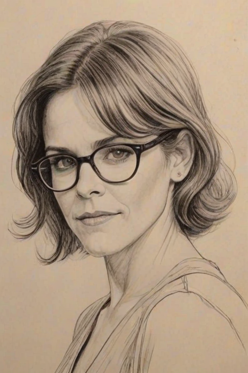 Captivating Ally Sheedy, pencil sketch, portrait of Attractive woman 1925s in glasses, hair style beatnik, outline, clear lines, fine lines, 8k